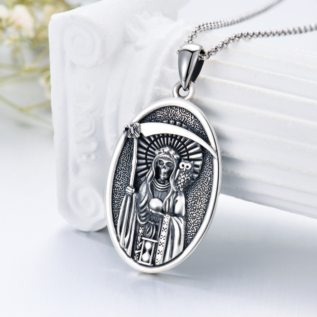 Sterling Silver Santa Muerte Perdoname & Owl Pendant Necklace for Men-3