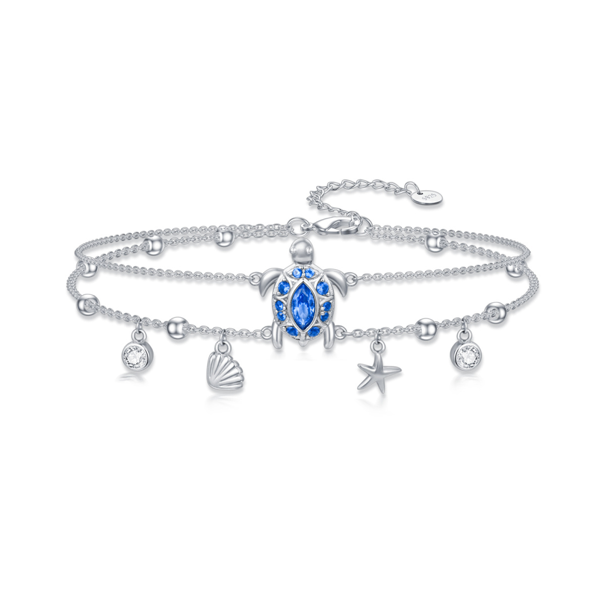 Pulsera de plata de ley con forma ovalada de circonita cúbica Tortuga marina y estrella de-1