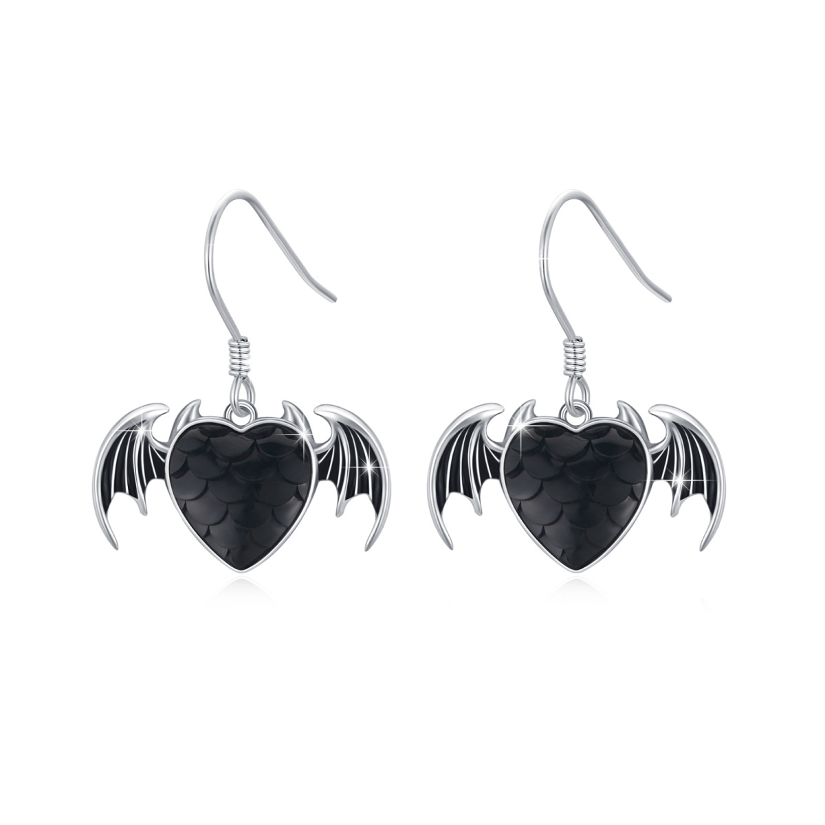 Sterling Silver Crystal Bat & Heart Drop Earrings-1
