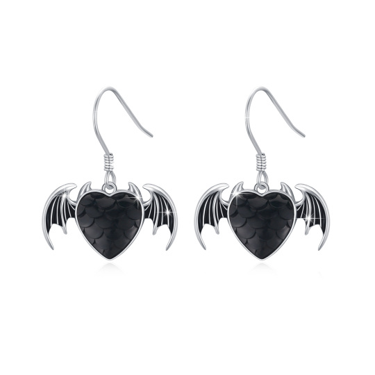 Brincos de prata esterlina com morcego e coração em forma de gota