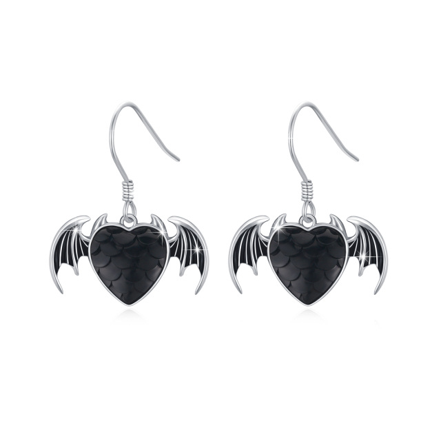 Brincos de prata esterlina com morcego e coração em forma de gota-0