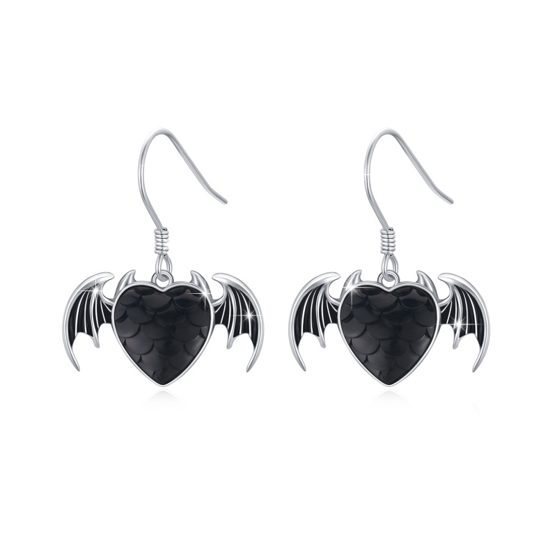Sterling Silver Crystal Bat & Heart Drop Earrings