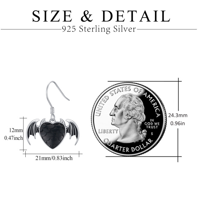 Brincos de prata esterlina com morcego e coração em forma de gota-3