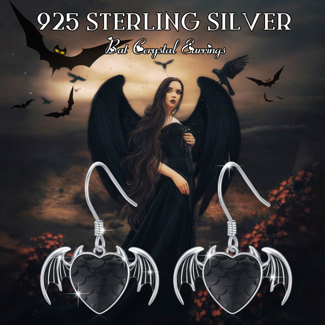 Brincos de prata esterlina com morcego e coração em forma de gota-4