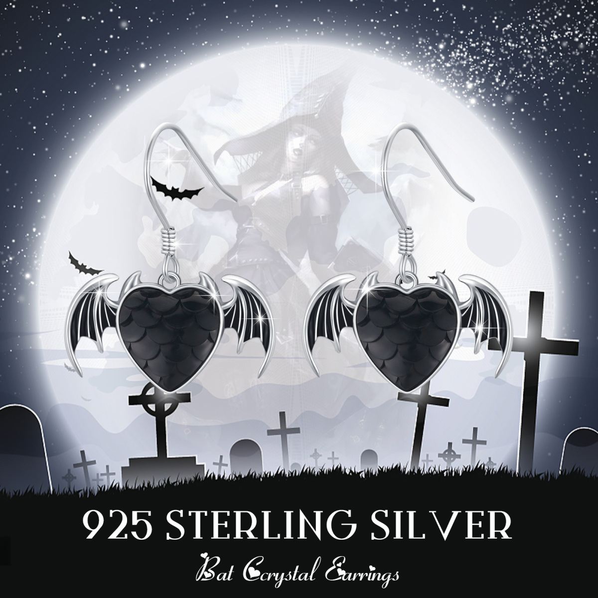 Sterling Silver Crystal Bat & Heart Drop Earrings-6