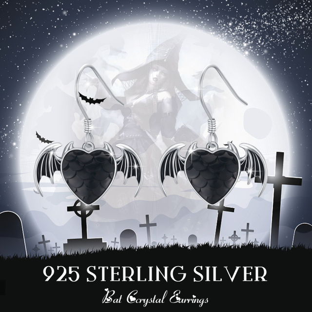 Brincos de prata esterlina com morcego e coração em forma de gota-5