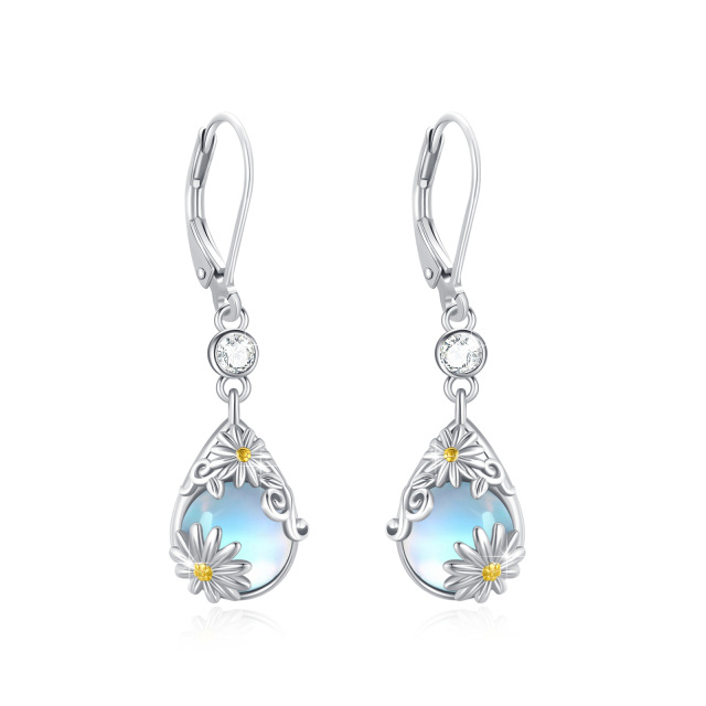 Sterling Silver Two-tone Pear Shaped Moonstone Daisy Lever-back Earrings-1