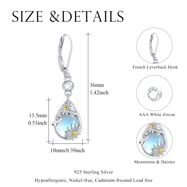 Sterling Silver Two-tone Pear Shaped Moonstone Daisy Lever-back Earrings-5