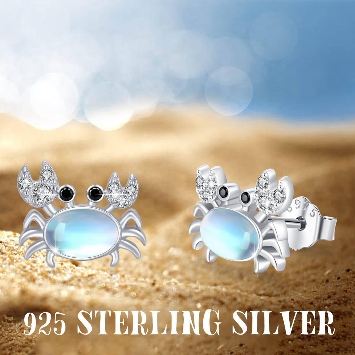 Sterling Silver Moonstone Crab Stud Earrings-6
