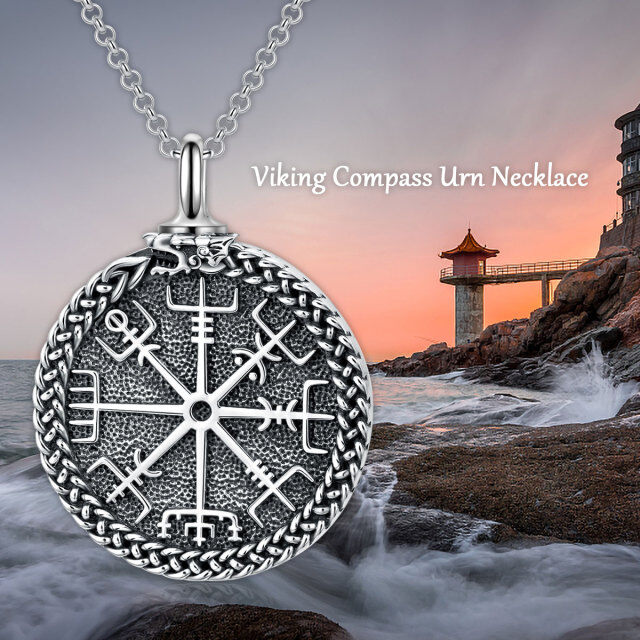 Sterling Silver with Black Plated Compass & Viking Rune Urn Necklace for Ashes for Men-2