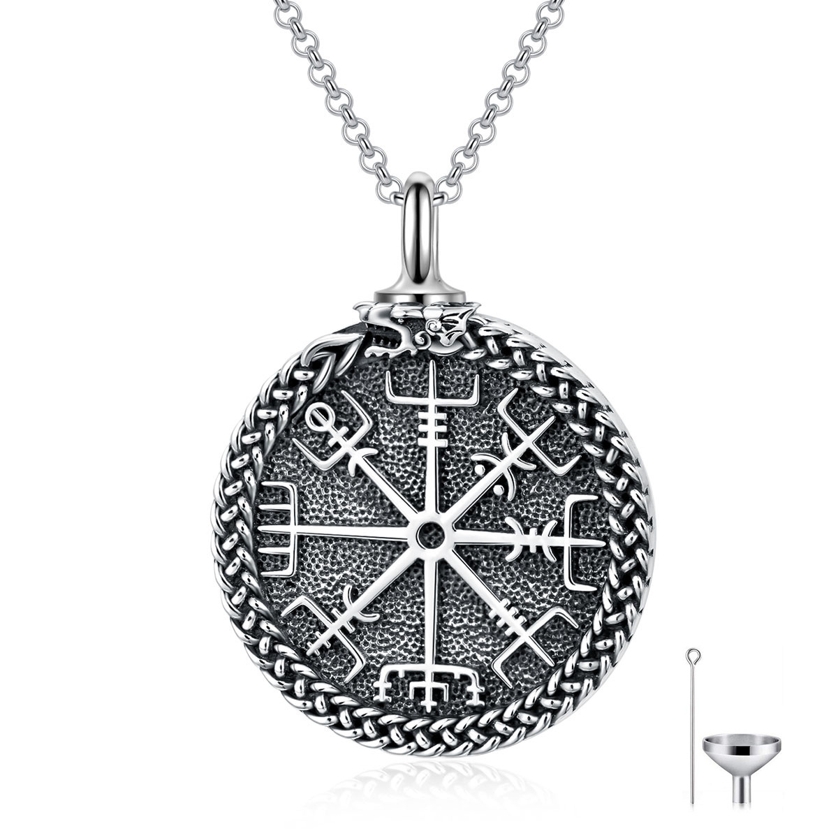 Sterling Silver with Black Plated Compass & Viking Rune Urn Necklace for Ashes for Men-1