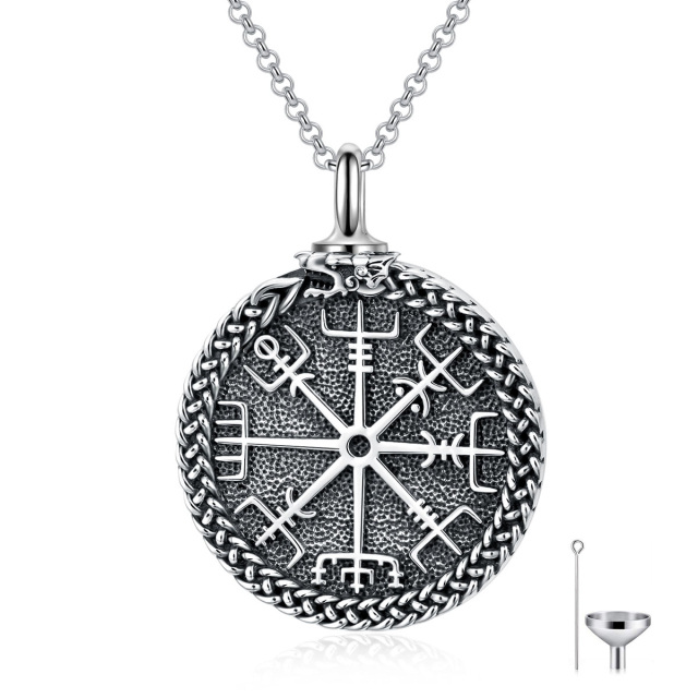 Sterling Silver with Black Plated Compass & Viking Rune Urn Necklace for Ashes for Men-0