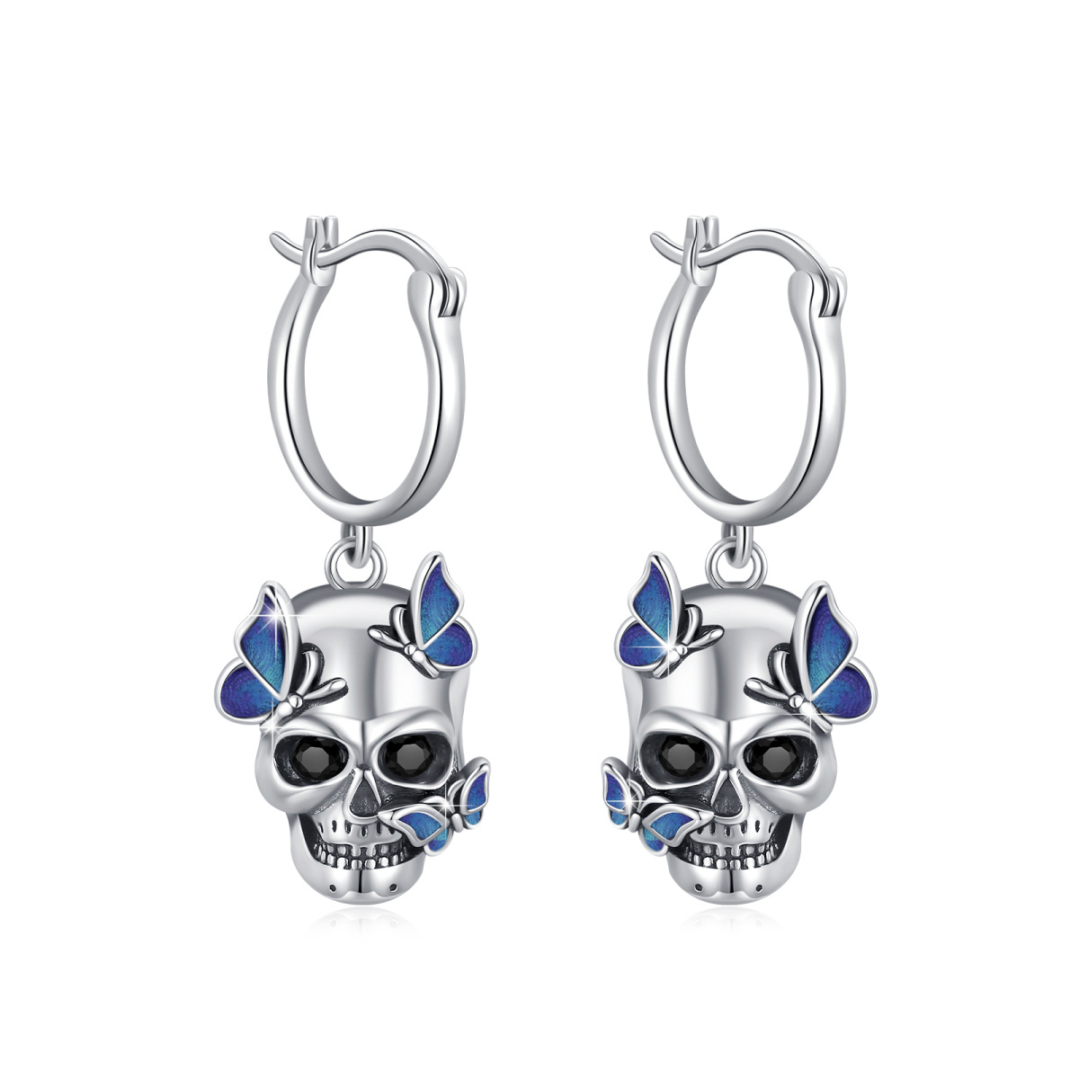 Sterling Silver Butterfly & Skull Drop Earrings-1