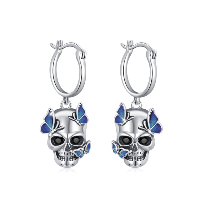 Boucles d'oreilles pendantes papillon et tête de mort en argent sterling-0