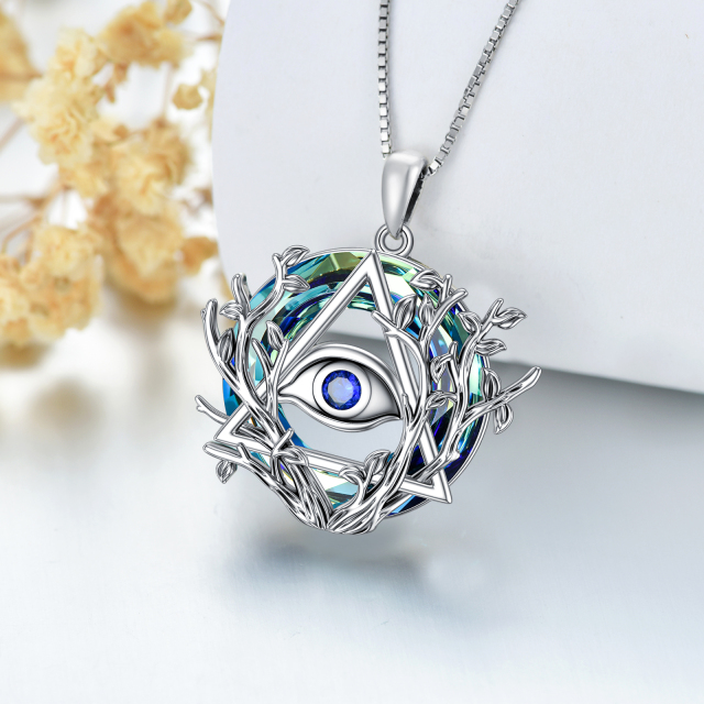 Sterling Silver Round Tree Of Life & Evil Eye Crystal Pendant Necklace-4