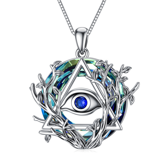 Sterling Silver Round Tree Of Life & Evil Eye Crystal Pendant Necklace-1
