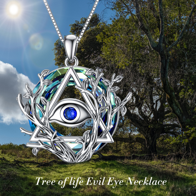 Sterling Silver Round Tree Of Life & Evil Eye Crystal Pendant Necklace-6
