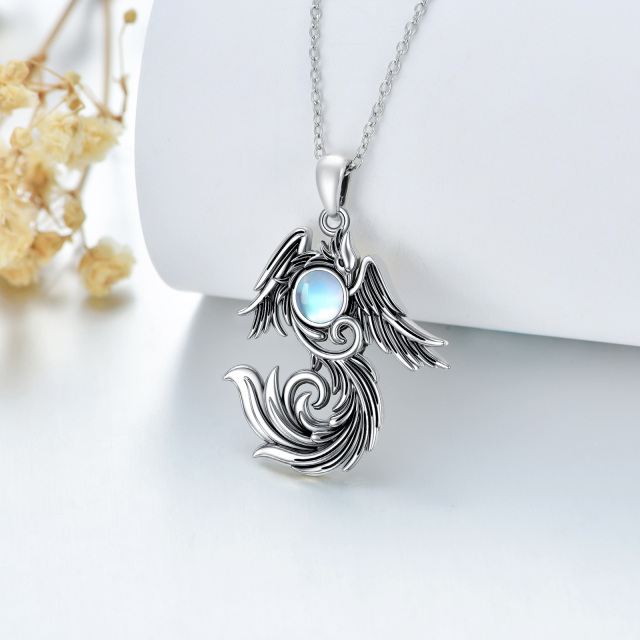 Sterling Silver Two-tone Moonstone Phoenix Pendant Necklace-3