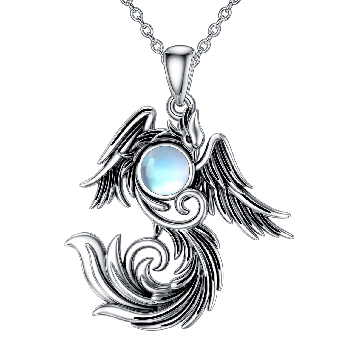 Sterling Silver Two-tone Moonstone Phoenix Pendant Necklace-1
