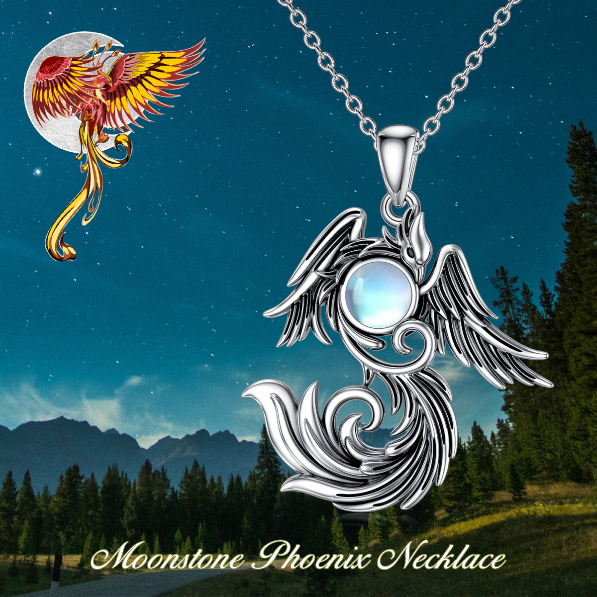 Sterling Silver Two-tone Moonstone Phoenix Pendant Necklace-6