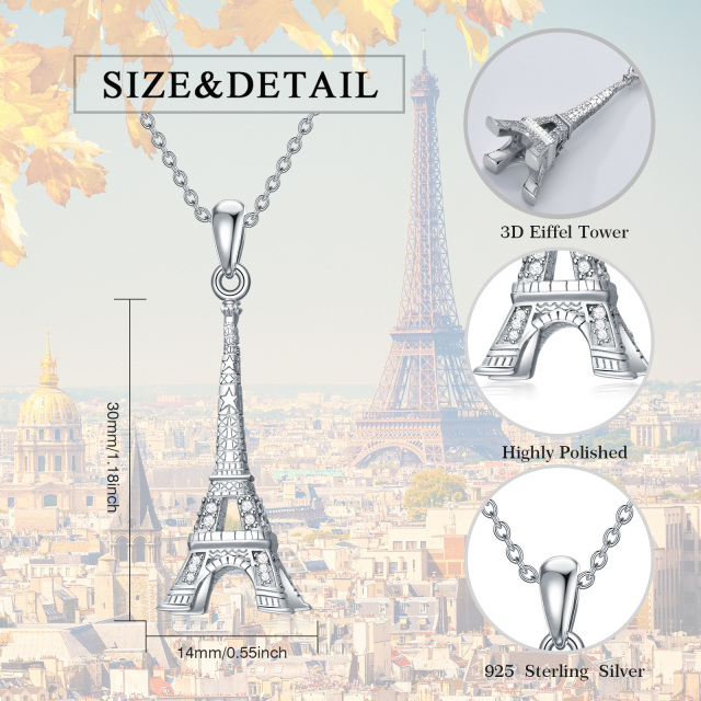 Sterling Silver Circular Shaped Cubic Zirconia Iron Tower Pendant Necklace-5