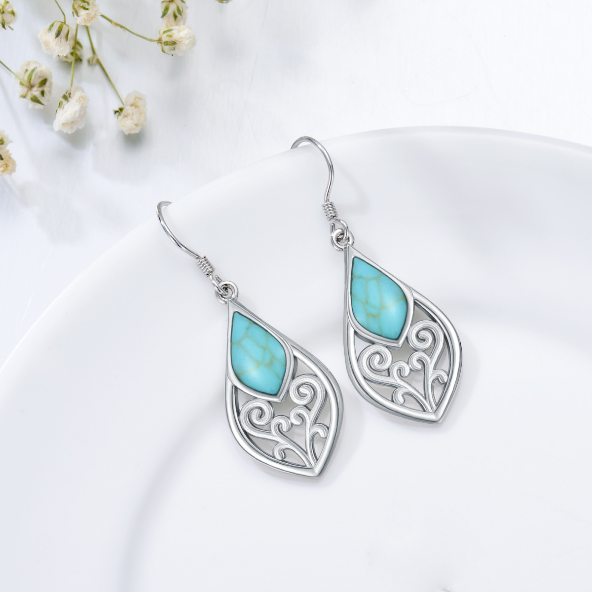 Sterling Silver Turquoise Drop Shape Drop Earrings-4