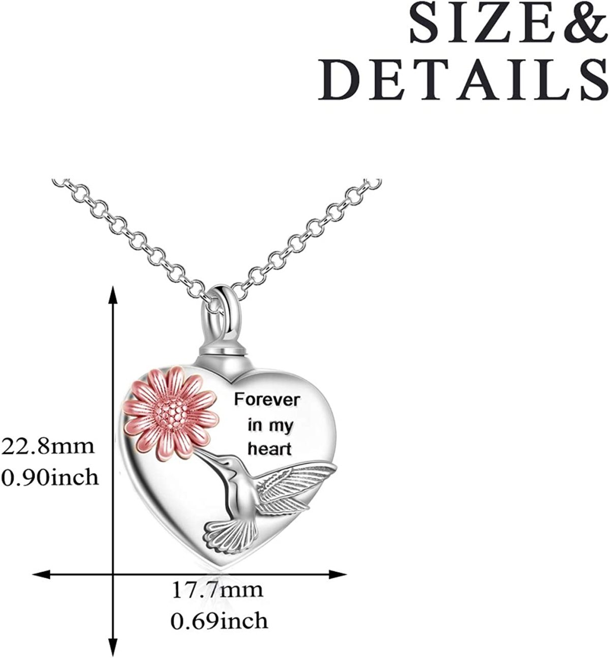 Sterling Silver Two-tone Hummingbird & Sunflower & Heart Urn Necklace for Ashes-4