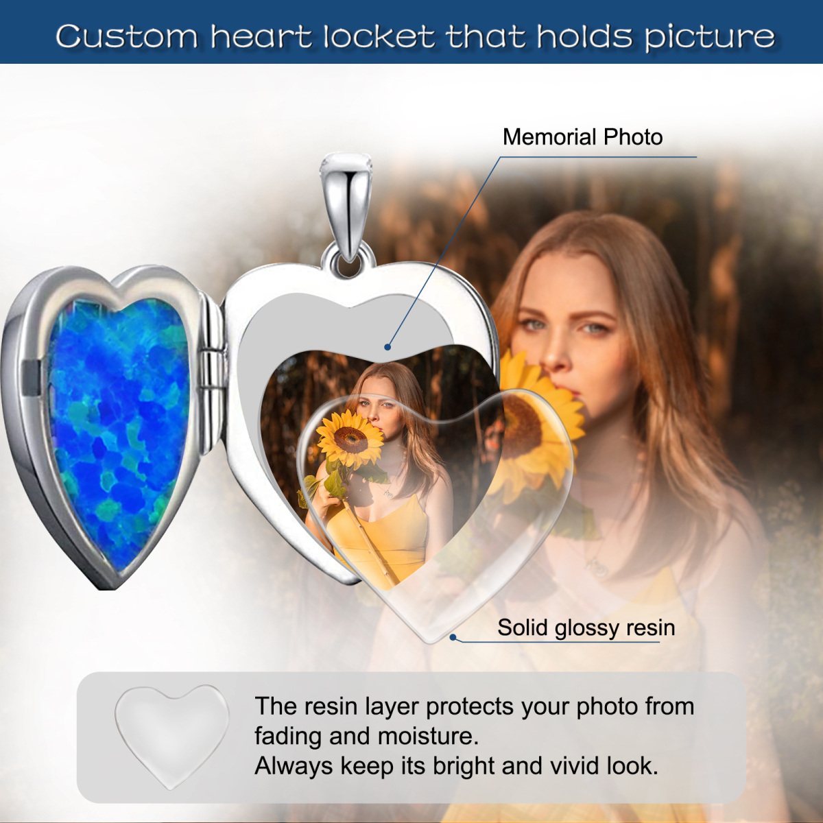 Sterling Silver Butterfly Heart Shaped Blue Opal Personalized Photo Locket Necklace-7