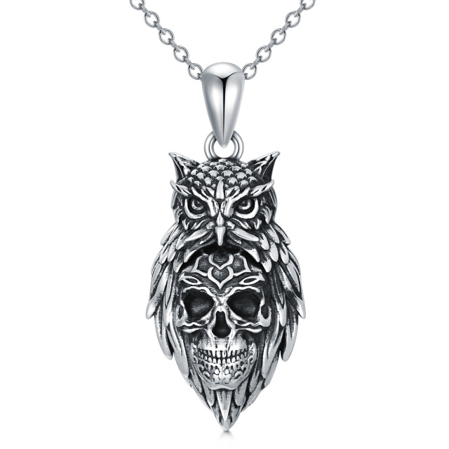 Sterling Silver Owl & Skull Pendant Necklace-1