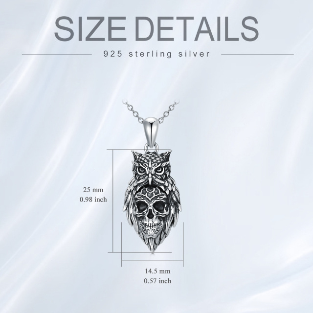 Sterling Silver Owl & Skull Pendant Necklace-5