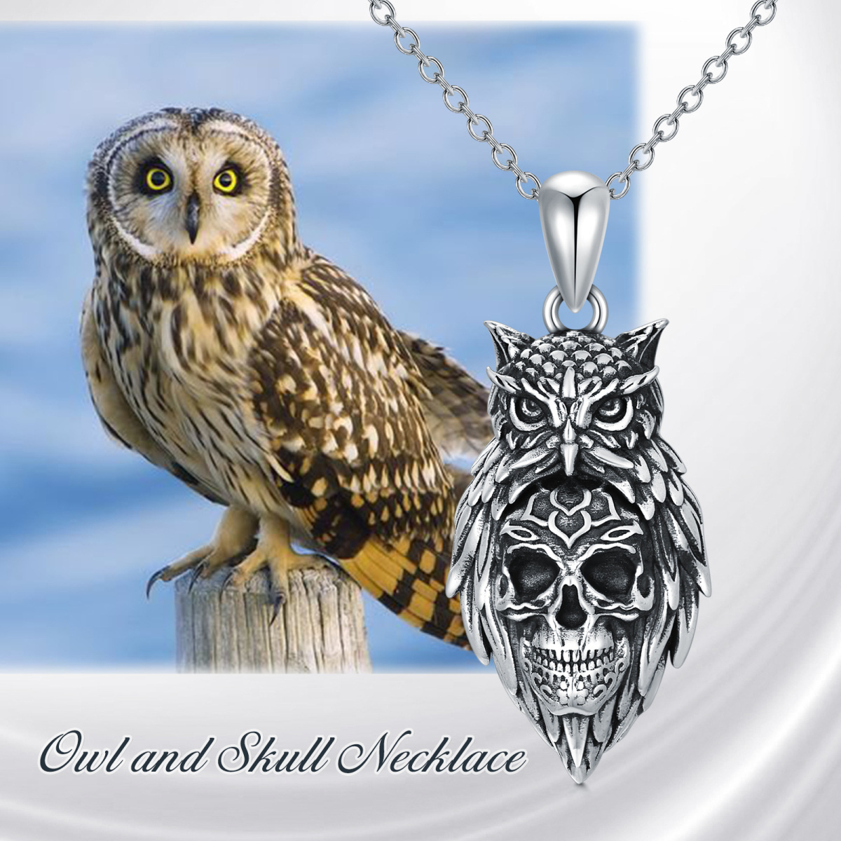 Sterling Silver Owl & Skull Pendant Necklace-6
