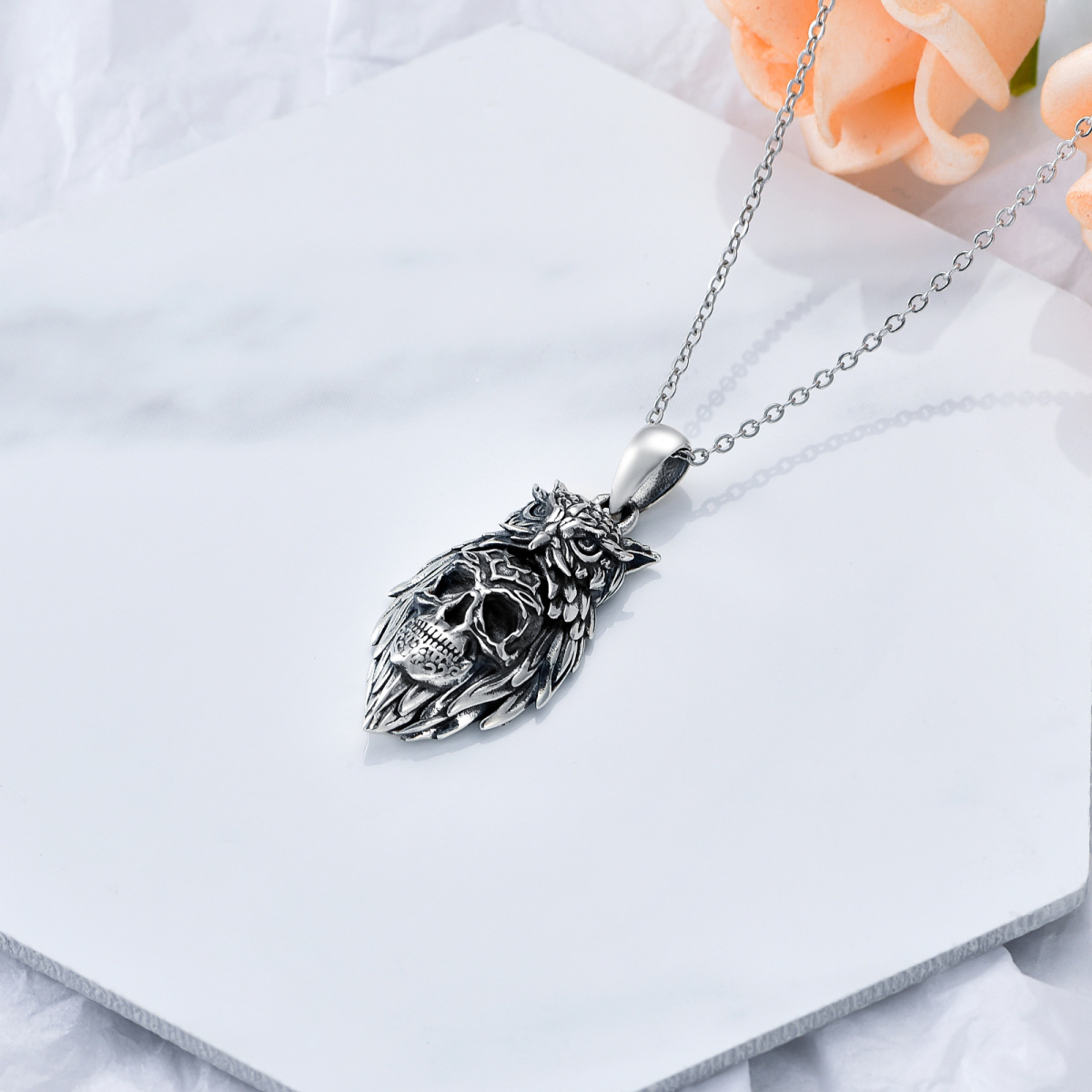 Collier en argent sterling avec pendentif hibou et crâne-4