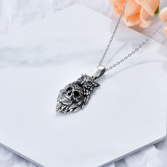 Sterling Silver Owl & Skull Pendant Necklace-4