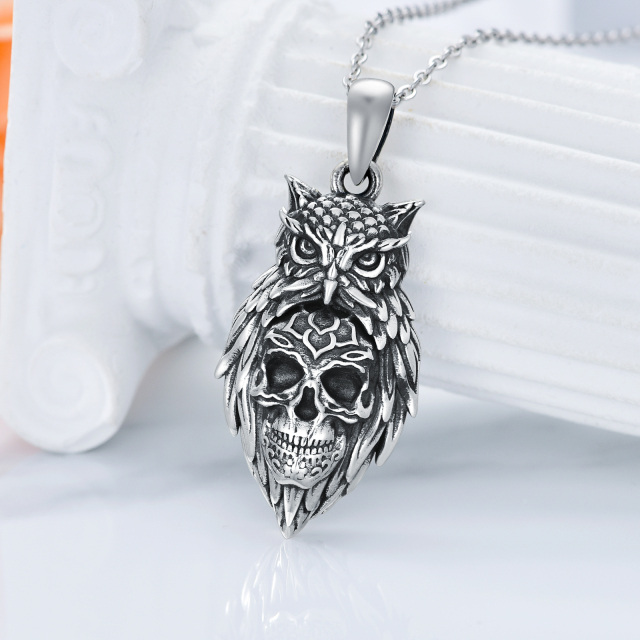 Sterling Silver Owl & Skull Pendant Necklace-3