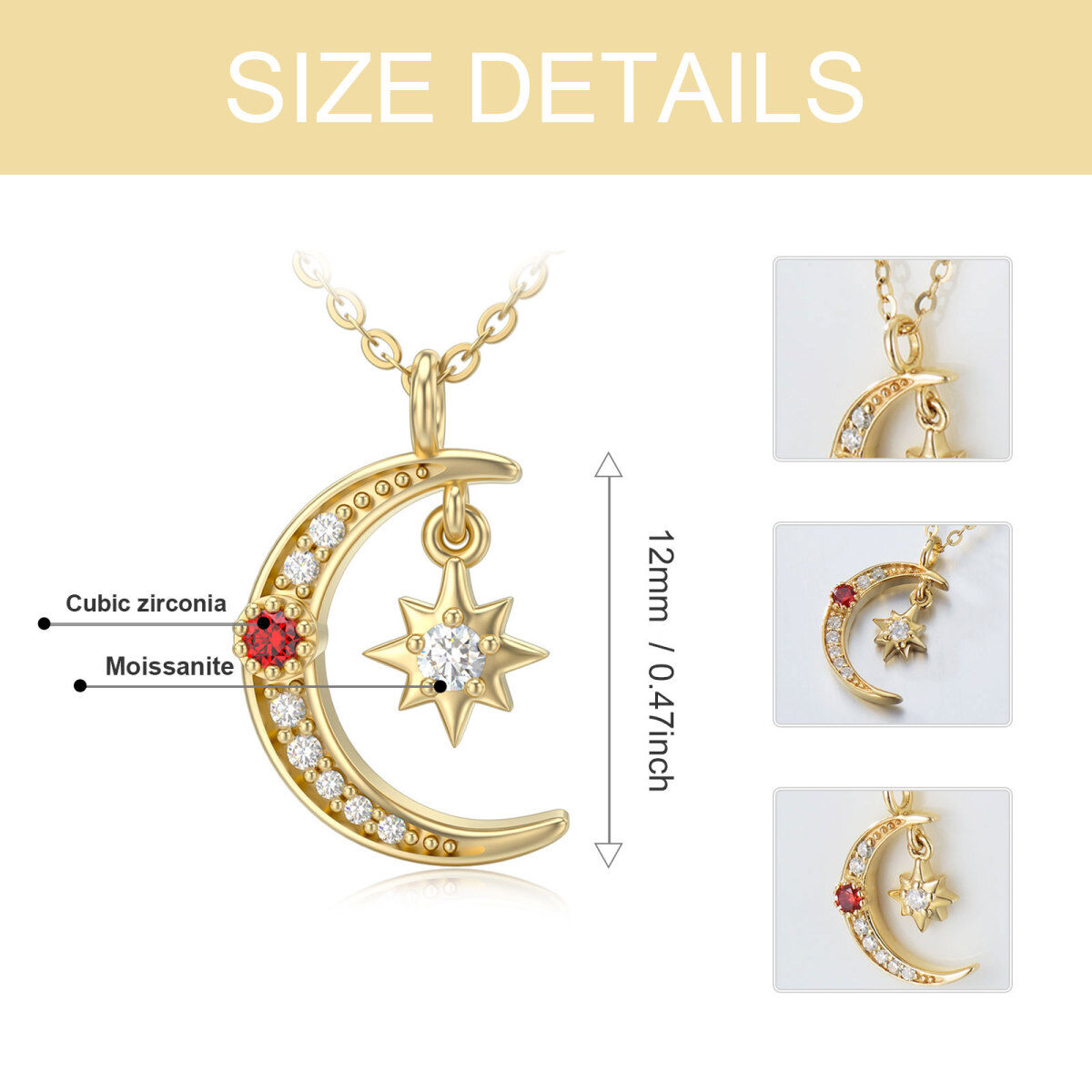 14K Gold Moissanite Moon & Star Pendant Necklace-6