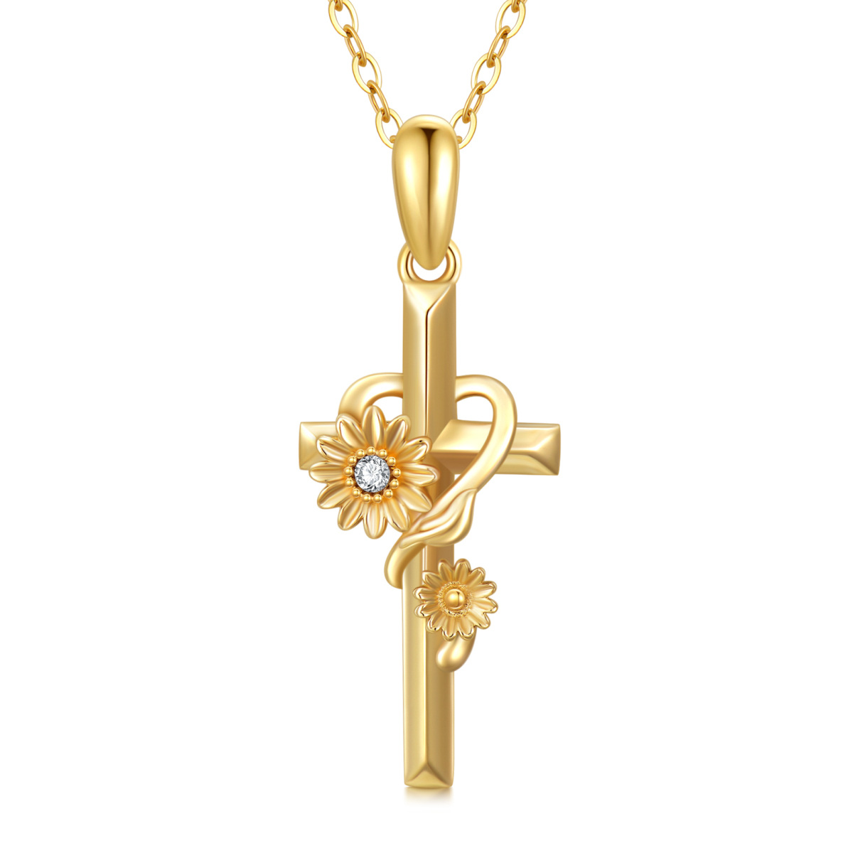 14K Gold Cubic Zirkonia Sonnenblume Kreuz Anhänger Halskette-1