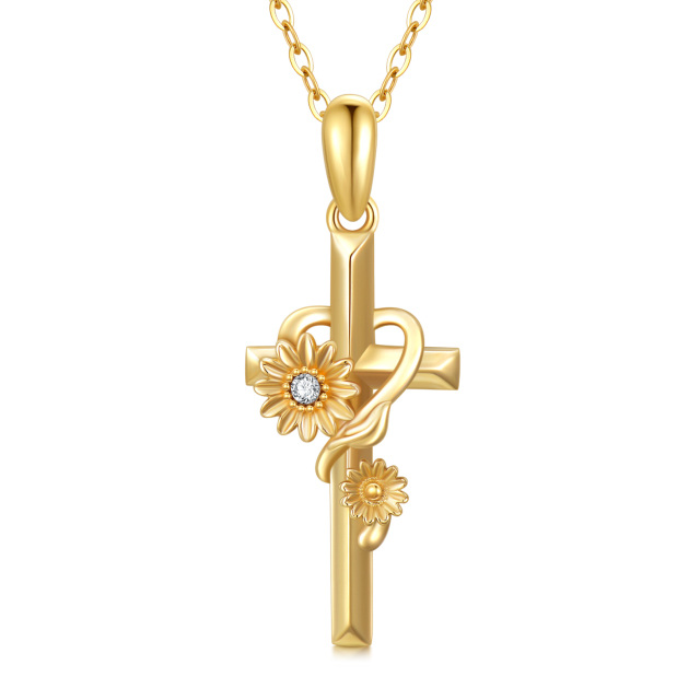 14K Gold Cubic Zirkonia Sonnenblume Kreuz Anhänger Halskette-0