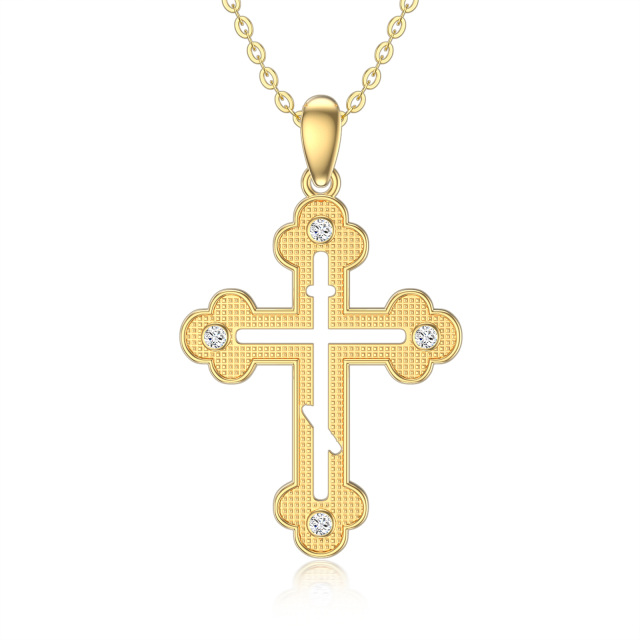 14K Gold Cubic Zirconia Hollow Cloud Cross Pendant Necklace-0