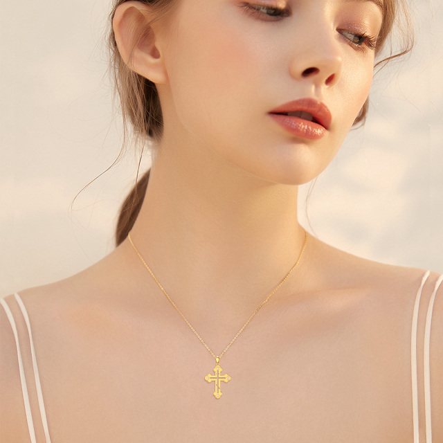 14K Gold Cubic Zirconia Hollow Cloud Cross Pendant Necklace-2