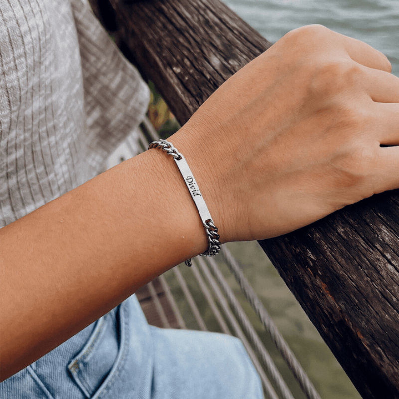 Sterling Silber mit Rose Gold plattiert Personalisierte Gravur & Bar Identifikation Armban-3