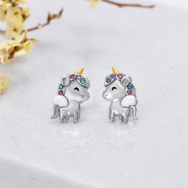 Sterling Silver Two-tone Circular Shaped Crystal Unicorn Stud Earrings-3