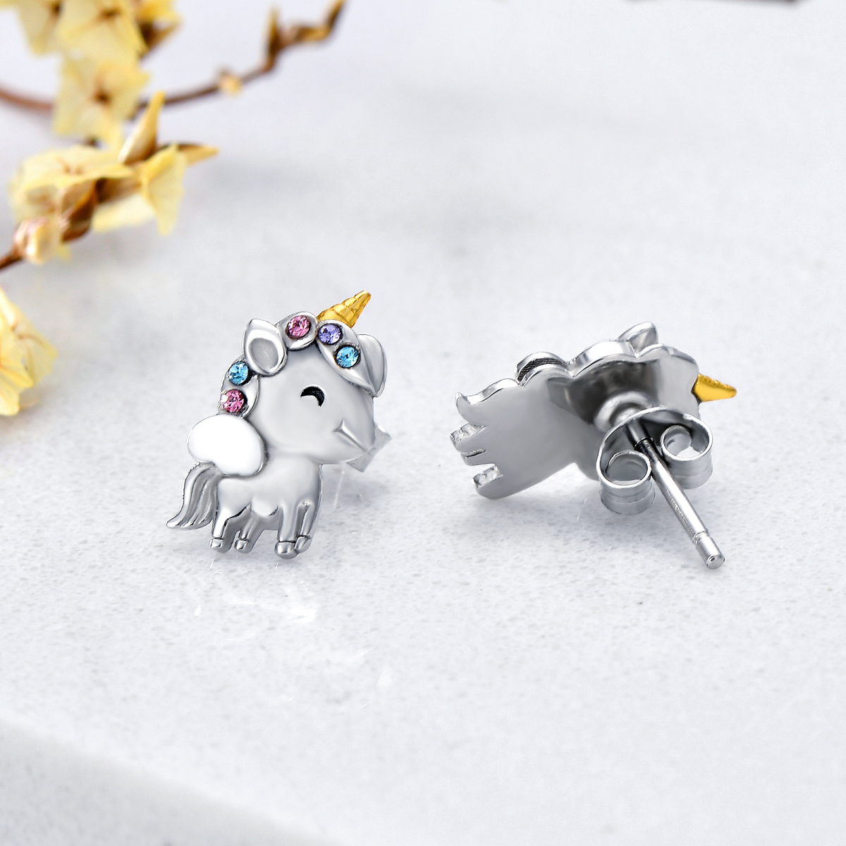 Sterling Silver Two-tone Circular Shaped Crystal Unicorn Stud Earrings-4