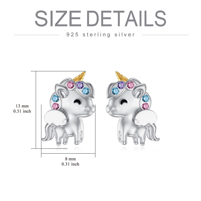 Sterling Silver Two-tone Circular Shaped Crystal Unicorn Stud Earrings-5