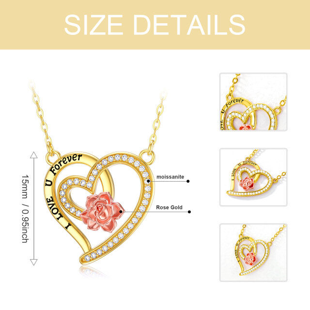 14K Gold & Rose Gold Moissanite Rose & Heart With Heart Pendant Necklace with Engraved Word-6