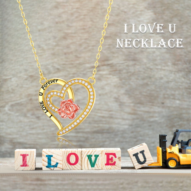 14K Gold & Rose Gold Moissanite Rose & Heart With Heart Pendant Necklace with Engraved Word-3