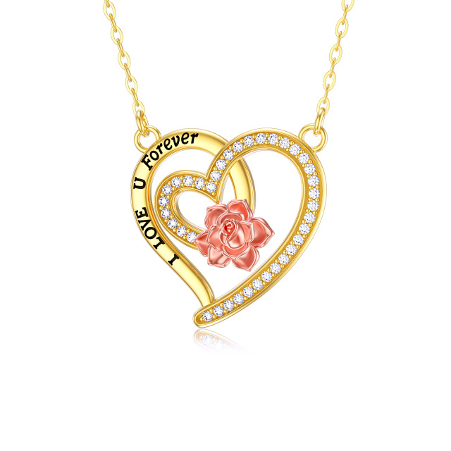 14K Gold & Rose Gold Moissanite Rose & Heart With Heart Pendant Necklace with Engraved Word-1