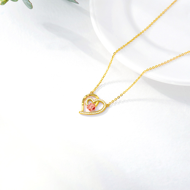 14K Gold & Rose Gold Moissanite Rose & Heart With Heart Pendant Necklace with Engraved Word-5