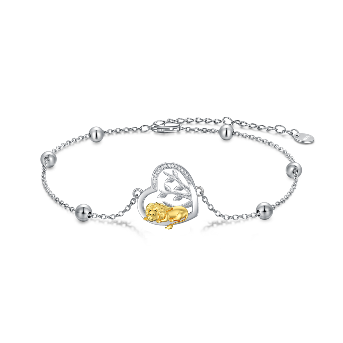Sterling Silver Two-tone Circular Shaped Cubic Zirconia Lion & Heart Pendant Bracelet-1