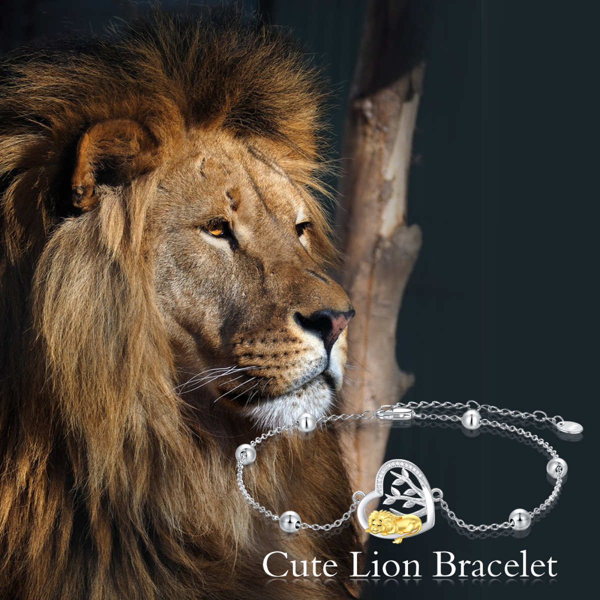 Bracelet en argent sterling avec pendentif en forme de cœur de lion et oxyde de zirconium bicolore de forme circulaire-3