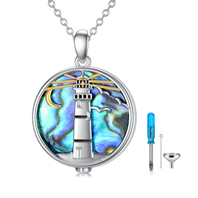 Sterling Silver Two-tone Circular Shaped Abalone Shellfish Lighthouse Pendant Necklace-4